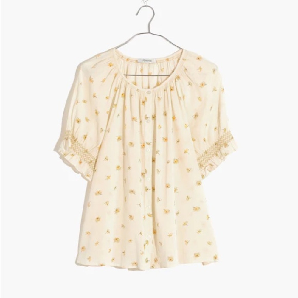Madewell Smocked Button-Up Top in French Daisies (Marguerite Antique Cream Color - Picture 6 of 8